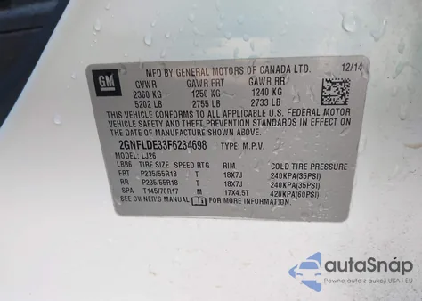 2015 Chevrolet Equinox Ltz из США, поврежденный, VIN 2GNFLDE33F6234698